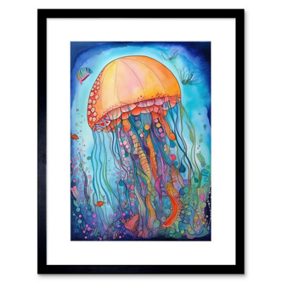 Artery8 Wall Art Print Jellyfish With Aquatic Plants Folk Art Watercolour Painting Artwork Framed 9X7 Inch from B&Q