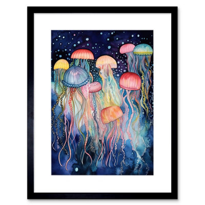 Artery8 Wall Art Print Group Of Jellyfish Multicoloured Folk Art Watercolour Painting Artwork Framed 9X7 Inch from B&Q