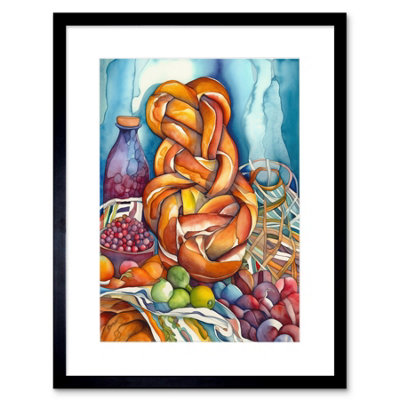 Artery8 Wall Art Print Challah Bread And Fruit Folk Art Watercolour Painting Artwork Framed 9X7 Inch from B&Q