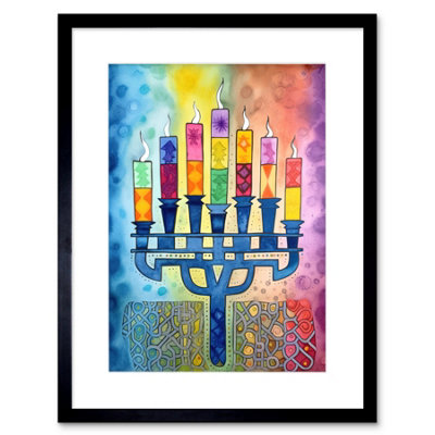 Artery8 Wall Art Print Menorah Candles Multicolour Folk Art Watercolour Painting Artwork Framed 9X7 Inch from B&Q