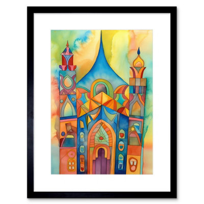Artery8 Wall Art Print Synagogue Building Multicoloured Folk Art Watercolour Painting Artwork Framed 9X7 Inch from B&Q