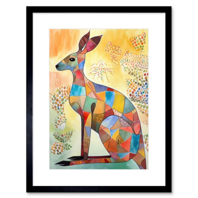 Artery8 Wall Art Print Multicoloured Kangaroo Folk Art Watercolour Painting Artwork Framed 9X7 Inch from B&Q