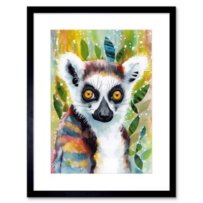 Artery8 Wall Art Print Lemur Portrait Folk Art Watercolour Painting Artwork Framed 9X7 Inch from B&Q