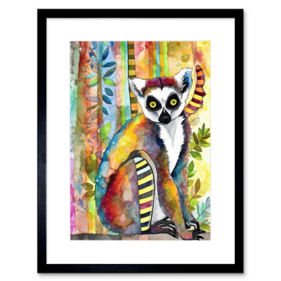 Artery8 Wall Art Print Lemur Vibrant Portrait Folk Art Watercolour Painting Artwork Framed 9X7 Inch from B&Q