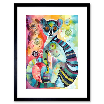 Artery8 Wall Art Print Striped Ring-Tailed Lemur Multicoloured Folk Art Watercolour Painting Artwork Framed 9X7 Inch from B&Q