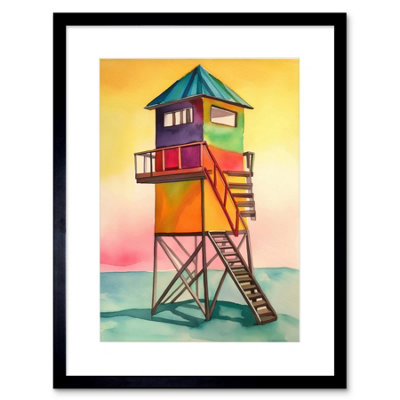 Artery8 Wall Art Print Rainbow Lifeguard Tower Folk Art Watercolour Painting Artwork Framed 9X7 Inch from B&Q