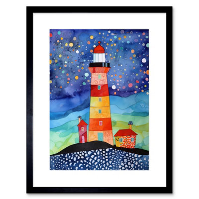Artery8 Wall Art Print Lighthouse On Starry Night Folk Art Watercolour Painting Artwork Framed 9X7 Inch from B&Q
