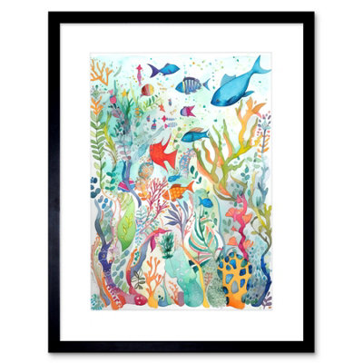 Artery8 Wall Art Print Aquatic Scene Marine Life Folk Art Watercolour Painting Artwork Framed 9X7 Inch from B&Q
