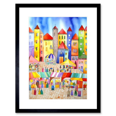 Artery8 Wall Art Print Market Square Scene Folk Art Watercolour Painting Artwork Framed 9X7 Inch from B&Q