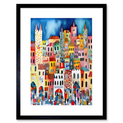 Artery8 Wall Art Print Busy Street Vertical Cityscape Folk Art Watercolour Painting Artwork Framed 9X7 Inch from B&Q