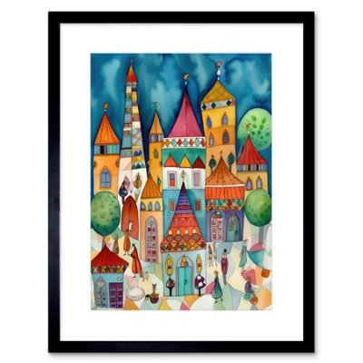 Artery8 Wall Art Print Town Market Square Afternoon Shoppers Folk Art Watercolour Painting Artwork Framed 9X7 Inch from B&Q