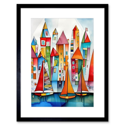 Artery8 Wall Art Print Modern Marina Colourful Port Folk Art Watercolour Painting Artwork Framed 9X7 Inch from B&Q