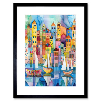 Artery8 Wall Art Print Modern Marina Colourful Cityscape Pattern Folk Art Watercolour Painting Artwork Framed 9X7 Inch from B&Q