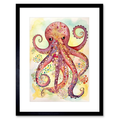Artery8 Wall Art Print Octopus Portrait Bright Folk Art Watercolour Painting Artwork Framed 9X7 Inch from B&Q