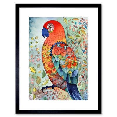 Artery8 Wall Art Print Parrot Bird Portrait Folk Art Watercolour Painting Artwork Framed 9X7 Inch from B&Q