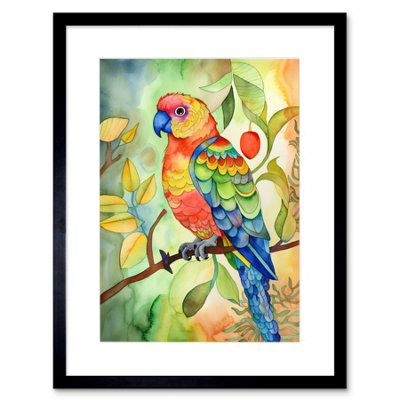 Artery8 Wall Art Print Parrot Bird On Tree Branch Folk Art Watercolour Painting Artwork Framed 9X7 Inch from B&Q