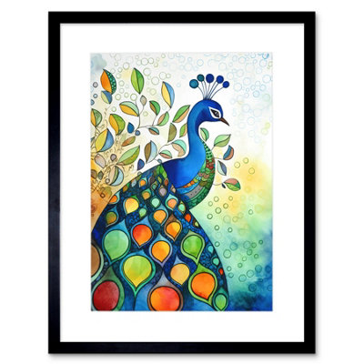 Artery8 Wall Art Print Peacock Bird Folk Art Watercolour Painting Artwork Framed 9X7 Inch from B&Q
