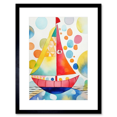 Artery8 Wall Art Print Sailboat At Sunset Folk Artwork Framed 9X7 Inch from B&Q