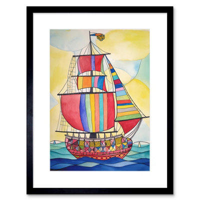 Artery8 Wall Art Print Rainbow Colour Sailing Ship Folk Artwork Framed 9X7 Inch from B&Q