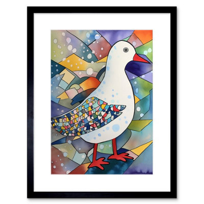 B&Q -  Wall Art Print Seagull Bird And Snowflakes Folk Artwork Framed 9X7 Inch