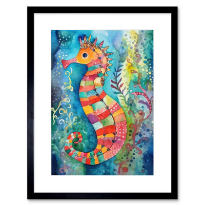 Artery8 Wall Art Print Seahorse In Aquatic Plants Folk Artwork Framed 9X7 Inch from B&Q