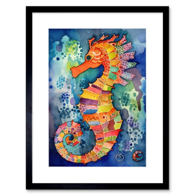 B&Q -  Wall Art Print Vibrant Colour Pattern Seahorse Folk Artwork Framed 9X7 Inch