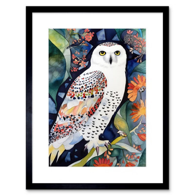Artery8 Wall Art Print Snowy Owl On Blooming Tree Folk Artwork Framed 9X7 Inch from B&Q