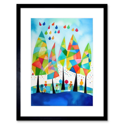 B&Q -  Wall Art Print Abstract Autumn Trees Folk Artwork Framed 9X7 Inch
