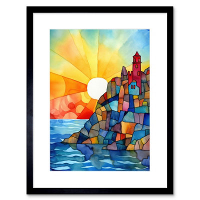Artery8 Wall Art Print Sunset Coastal Cliffs Lighthouse Folk Artwork Framed 9X7 Inch from B&Q