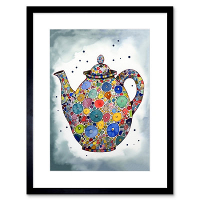Artery8 Wall Art Print Colourful Teapot Folk Art Kitchen Artwork Framed 9X7 Inch from B&Q