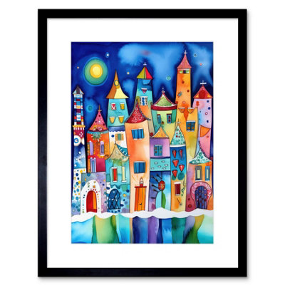 Artery8 Wall Art Print Midnight Abstract Town Folk Artwork Framed 9X7 Inch from B&Q