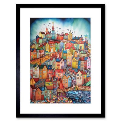 Artery8 Wall Art Print Abstract Fishing Village Folk Artwork Framed 9X7 Inch from B&Q