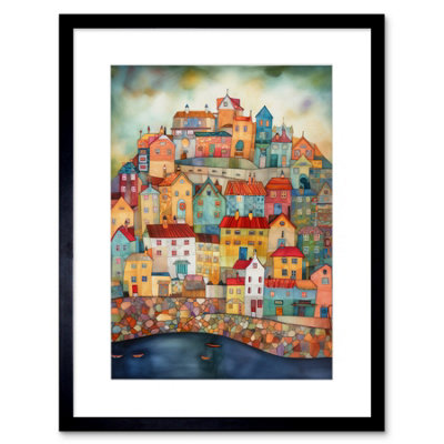 B&Q -  Wall Art Print Home By The Sea Folk Artwork Framed 9X7 Inch
