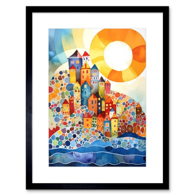 Artery8 Wall Art Print Abstract Seascape Sunrise Village Folk Artwork Framed 9X7 Inch from B&Q