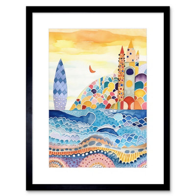 Artery8 Wall Art Print Abstract Seascape Waves On Beach Folk Art Bathroom Artwork Framed 9X7 Inch from B&Q