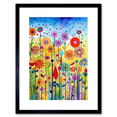 Artery8 Wall Art Print Tall Mixed Flowers Folk Art Watercolour Painting Artwork Framed 9X7 Inch from B&Q