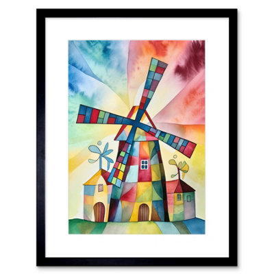 Artery8 Wall Art Print Windmill Folk Art Abstract Bright Artwork Framed 9X7 Inch from B&Q