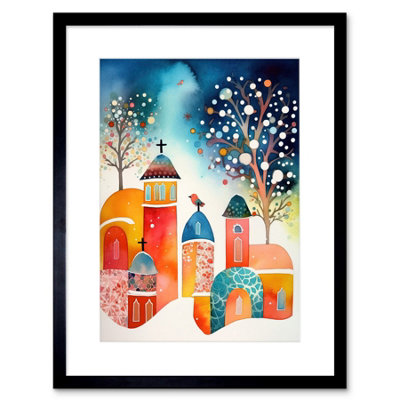 Artery8 Wall Art Print Winter Churchyard Snowfall Trees Folk Artwork Framed 9X7 Inch from B&Q