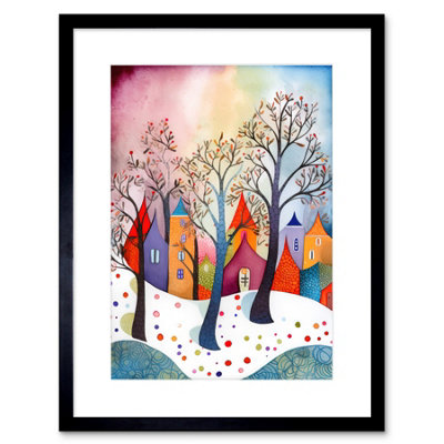 Artery8 Wall Art Print Winter Whimsy Forest Village Folk Artwork Framed 9X7 Inch from B&Q