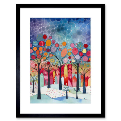 Artery8 Wall Art Print Winter Abstract Village Folk Artwork Framed 9X7 Inch from B&Q