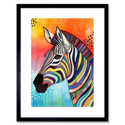 Artery8 Wall Art Print Zebra Folk Art Bright Multicoloured Artwork Framed 9X7 Inch from B&Q