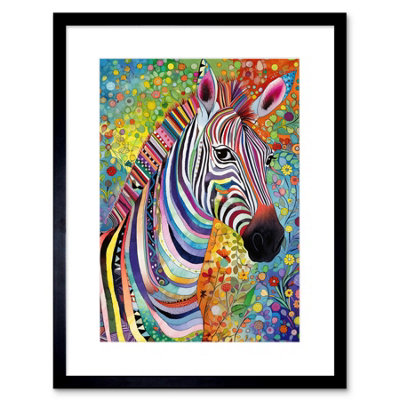 Artery8 Wall Art Print Folk Art Zebra Colourful Flower Boho Artwork Framed 9X7 Inch from B&Q
