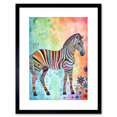 Artery8 Wall Art Print Rainbow Floral Zebra Folk Artwork Framed 9X7 Inch from B&Q