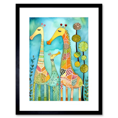 Artery8 Wall Art Print Folk Art Giraffes Fun Cute Kids Bedroom Painting Artwork Framed 9X7 Inch from B&Q