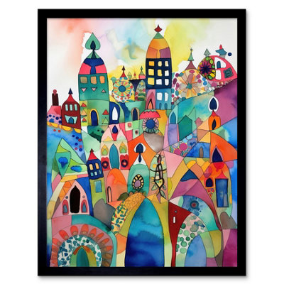 Artery8 Framed Wall Art Cityscape Abstract Folk Art Vibrant Multicoloured Watercolour Painting12X16 Inch from B&Q