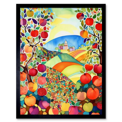 Artery8 Framed Wall Art Apple Tree Orchard Fields In Summer Folk Art Landscape Watercolour Painting12X16 Inch from B&Q