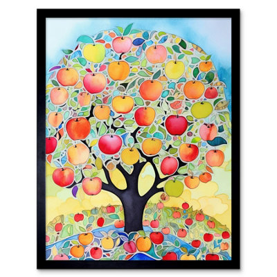 Artery8 Framed Wall Art Apple Tree Fruit Harvest Day Folk Art Bright Watercolour Painting12X16 Inch from B&Q