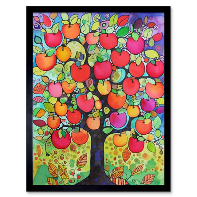 Artery8 Framed Wall Art Apple Tree Folk Art Bright Watercolour Painting12X16 Inch from B&Q