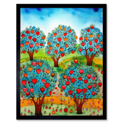 Artery8 Framed Wall Art Apple Orchard Trees Ready For Harvest Folk Art Landscape Watercolour Painting12X16 Inch from B&Q