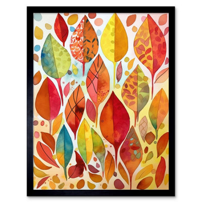 B&Q -  Framed Wall Art Autumn Leaves With Multicoloured Patterns Folk Art Watercolour Painting12X16 Inch